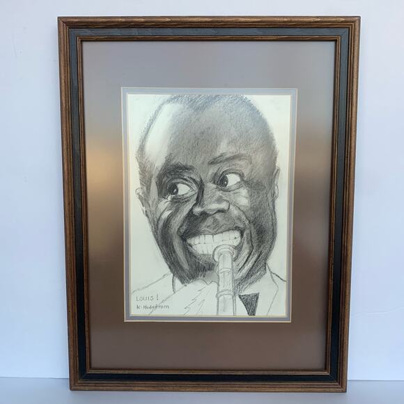 Louis Armstrong Portrait Drawing Wall Art Framed Double Matted - Picture 2 of 10